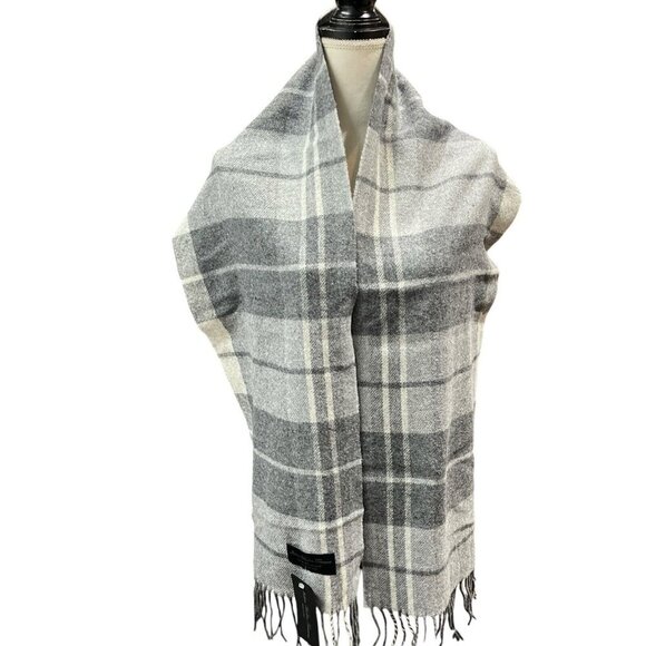 Italian Woolen Treasures Lambswool Scarf Gray Plaid Fringe Old Money Preppy - Picture 1 of 5